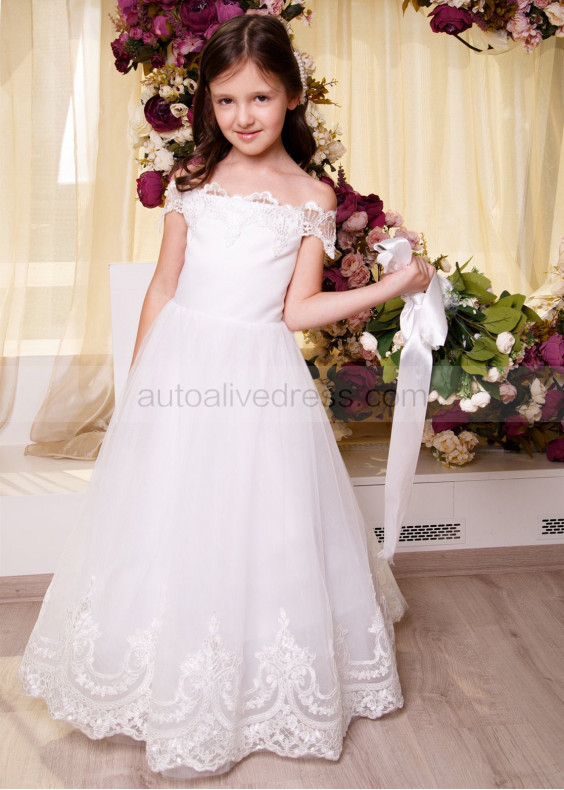 Off Shoulder White Lace Tulle Flower Girl Dress